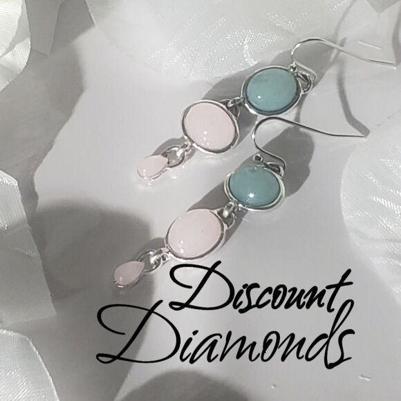 New - Pink & Green Opalite Moonstone Dangle Drop French Hook Earrings 925 Silver - Picture 1 of 9